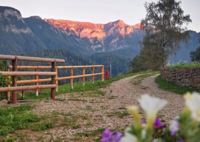 Mountain path near Villa Meledrio in Dimaro with sunset views of the Brenta Dolomites